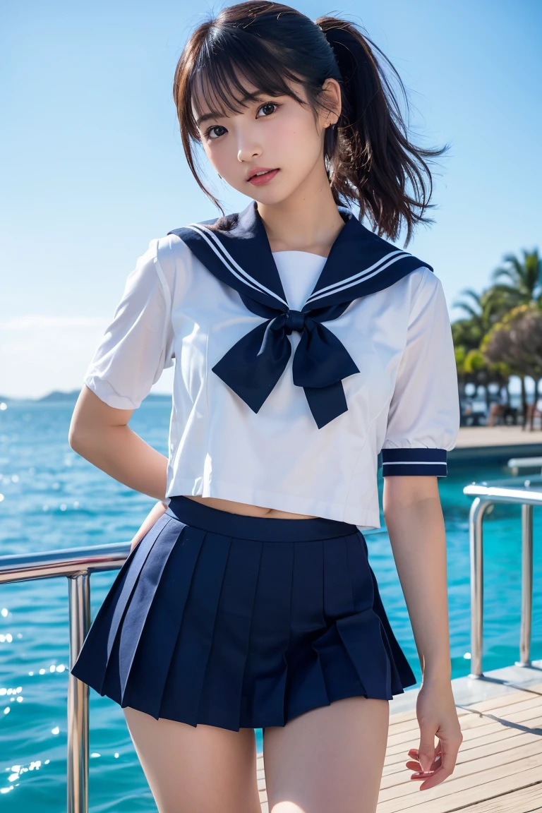 1girll,Short curly hair,Jet-black hair,Flying,White sailor suit and short skirt,pink bows,16-year-old female model,Side,laughingly