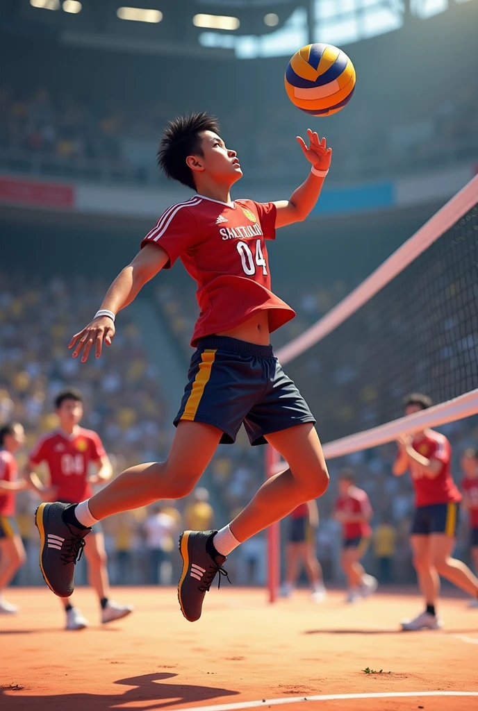 beach soccer He shoots an overhead kick and the defense tries to block it.
