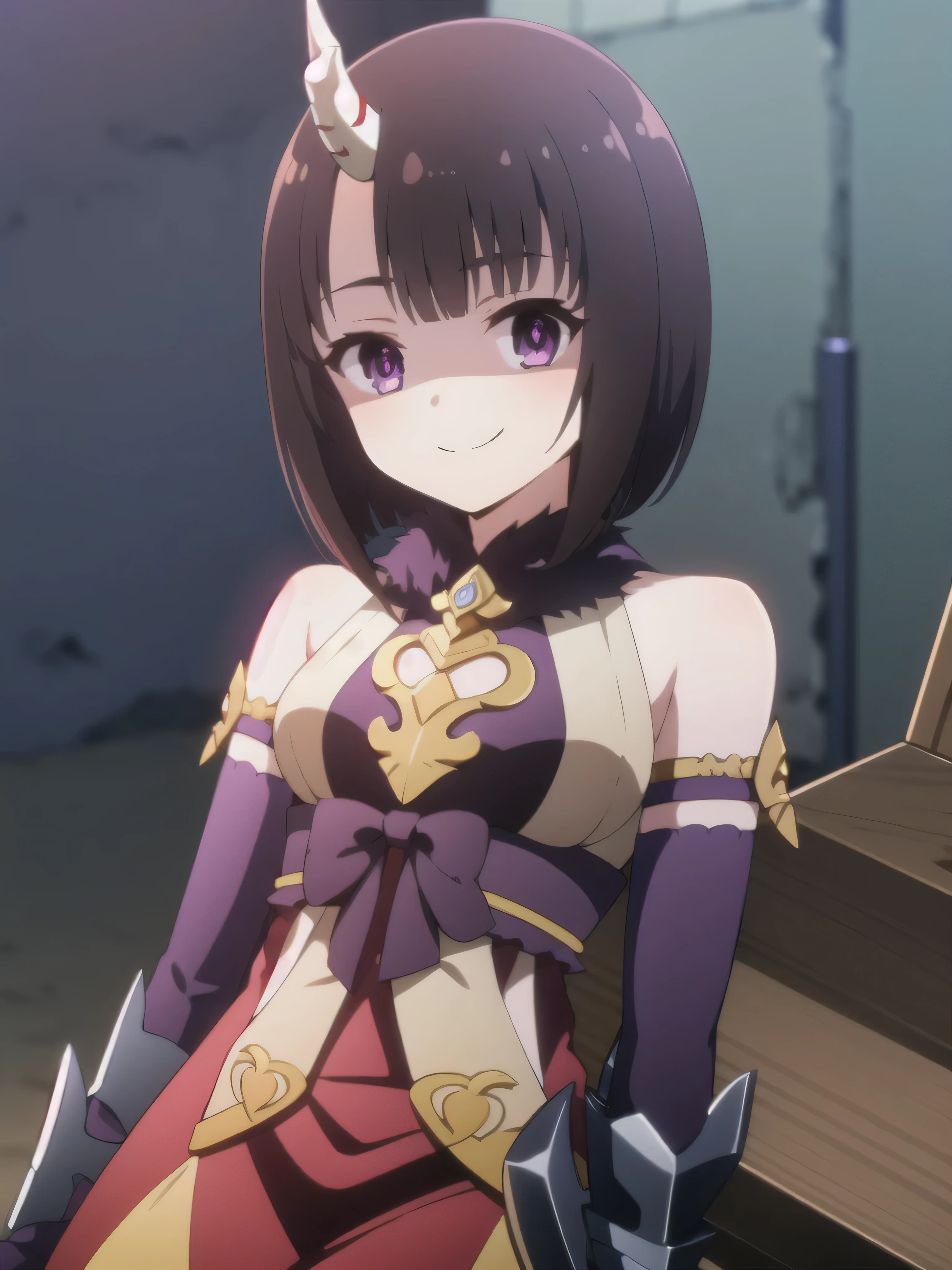 masterpiece,  best quality,  one girl , Heather,  purple eyes,  brown hair on the abdomen,  Short bangs ,  bob cut from the front, Horn, ,,  bare shoulders,  armrest gloves,  gauntlet ,  red skirt,  Fur Trim,  watch viewers ,,2本のHorn,Tail,wicked smile,evil dark background ,