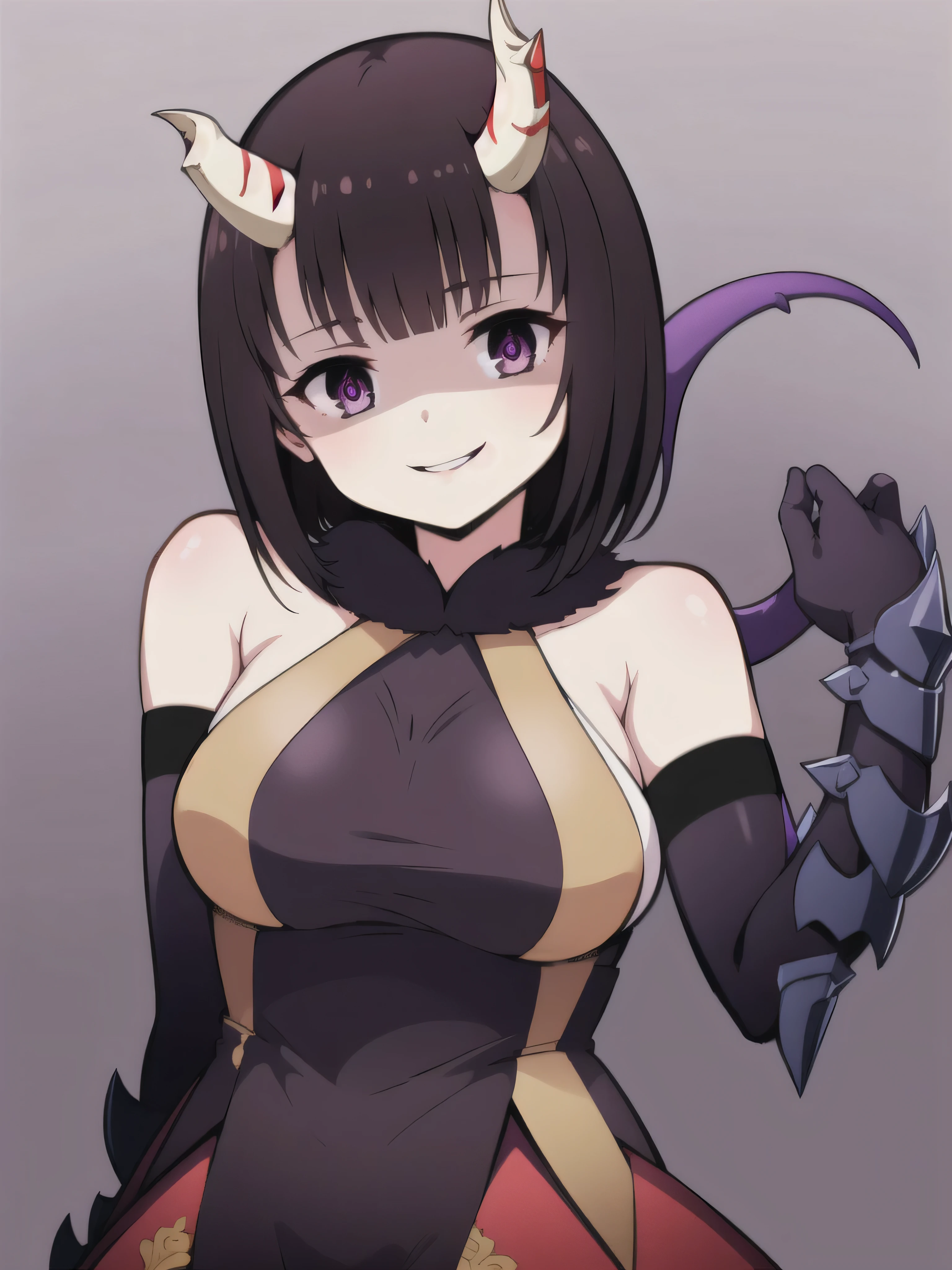 masterpiece,  best quality,  one girl , Heather,  purple eyes,  brown hair on the abdomen,  Short bangs ,  bob cut from the front, Horn, ,,  bare shoulders,  armrest gloves,  gauntlet ,  red skirt,  Fur Trim,  watch viewers ,,2本のHorn,Tail,wicked smile,evil dark background ,