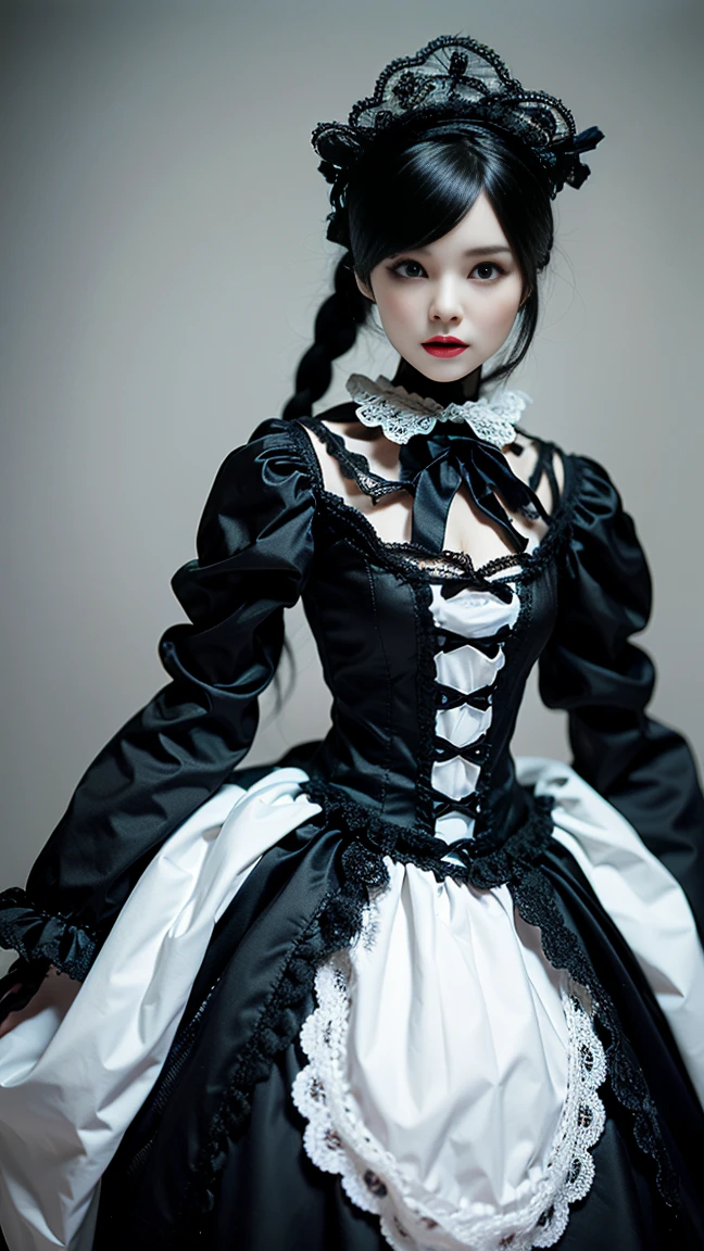 Micro Landscape：Real Barbie，Close up of a doll wearing a black and white dress, Ray Caesar (Ray Caesar) Inspired 3D rendering, Polycount competition winner, Gothic art, Maid costume, Gothic girl anime girl, Weird art style, Maid costume, Artwork in the style of Guweiz, , Witch Costume, dark and fear style, fear!! Very detailed