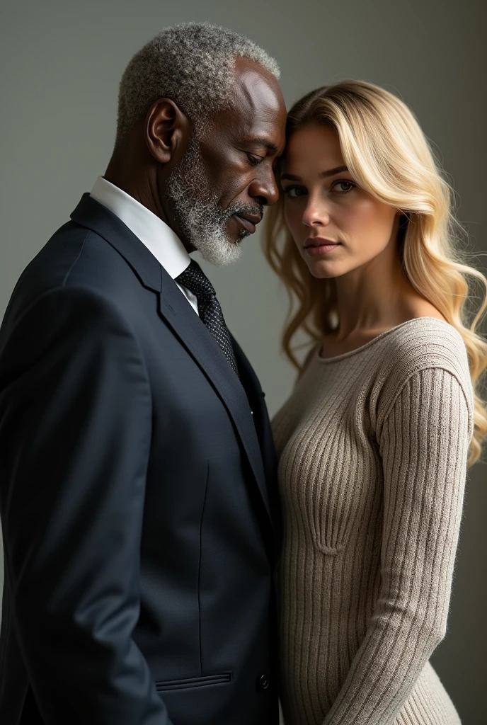 ((American woman with blonde hair in (unbutton white shirt and skirt) kissing (old Ethiopian man in suit), (blushing, smiling, lustful, eye rolls), fancy house foyer background, full body, ((looking at viewer)), (photorealistic:1.2), masterpiece, best quality, realistic, 8k, ultra-detailed, dynamic angle, masterpiece, best quality, 50 mm, perfect eyes, perfect face, physically-based rendering,