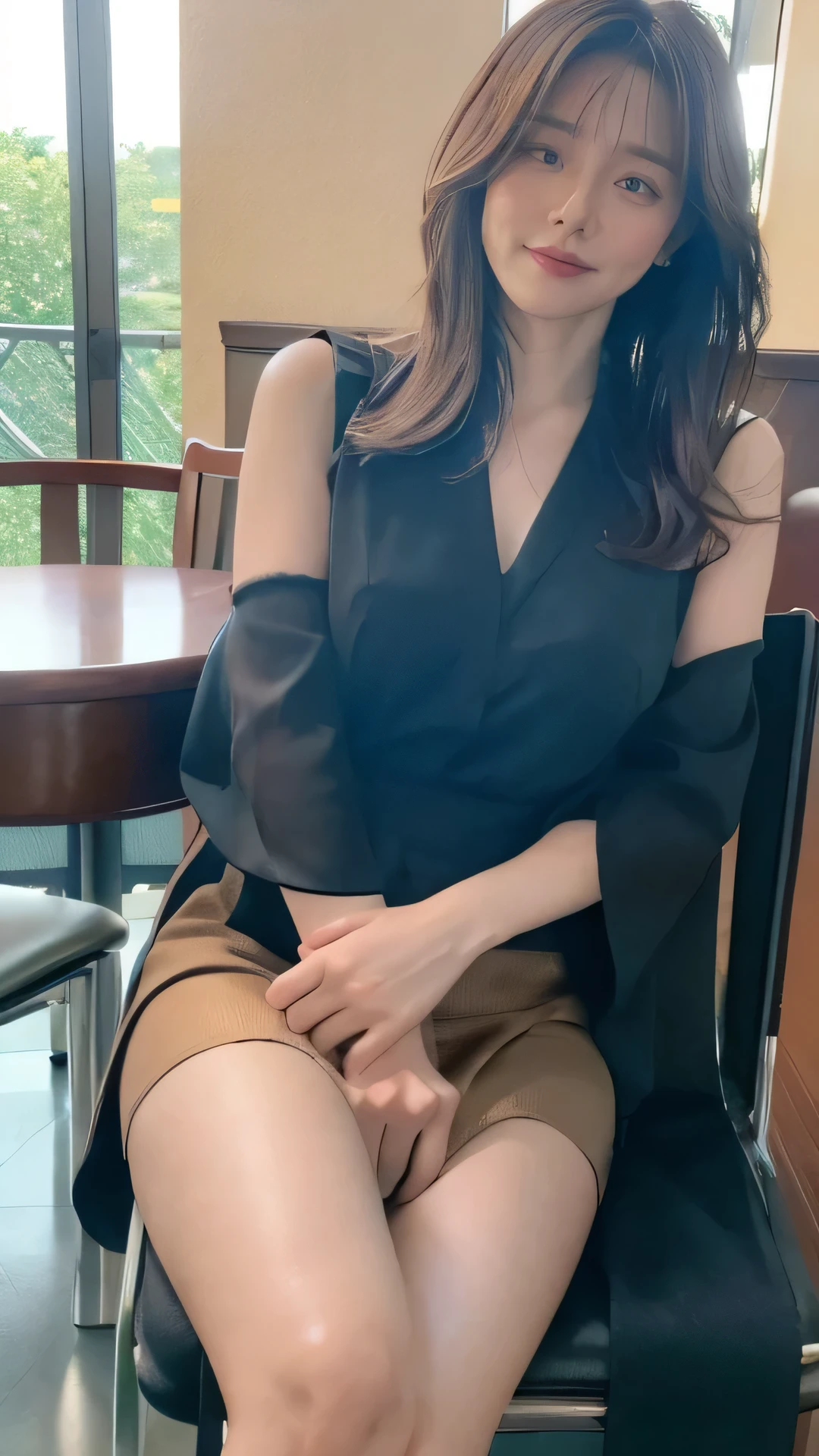 A middle-aged woman in a white blouse clings to a round table with a manuscript on it,Her long dark green skirt is riding up., Pull down pantyhose and expose.。Silver Clock,silver earrings,Silver necklace super realistic capture,very detailed,High resolution 16k close-up np of human skin,Skin texture must be natural,So much detail that you can see even your pores,(highest quality, masterpiece, UHD:1.4),Photos of beautiful Japanese women,Movie-like bokeh photos,looking at the viewer,cowboy shot,(normal person:1.4),portrait, highest quality, realistic:1.2), (fine skin:1.4), puffy eyes, gorgeous hair, (dark room:1.3), (rim lighting:1.3), (It's dim:1.3), (dark night:1.3),dressed, (photo realistic:1.4), (hyper realistic:1.4), (realistic:1.3), (smoother lighting:1.05), (Improve the quality of movie lighting:0.9), 32k, 40 year old Japanese woman, realistic lighting, Backlight, light shines on your face, ray tracing, (bright light:1.2), (Improvement of quality:1.4), (Highest quality realistic textured skin:1.4), fine eyes, detailed face, high quality eyes, (tired, sleepy and satisfied:0.0), , (Enhances the mood of your body line:1.1), (Enhances the beauty of skin texture:1.1)