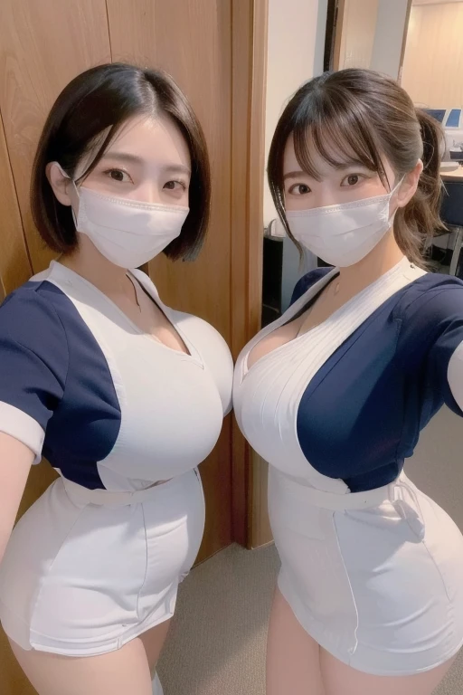 only two women,horizontal row,Side by side,front facing,looking at viewer,(Selfie:1.3),
((highest quality, 8k, masterpiece, Portraiture: 1.3)),((mask)),japanese,A little chubby:0.35,tight-fitting nurse uniform,((big breasts 1.8)), (big pelvis:1.2), (in denist) smile:0.2,Good posture,

