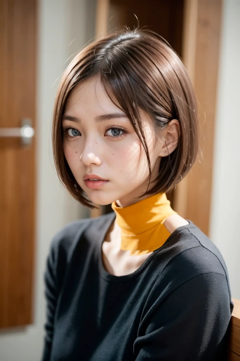 woman、super detailed face、double eyelid, short bob、bangs、clear eyes、knit sweater、Glossy skin, small head、whole body
