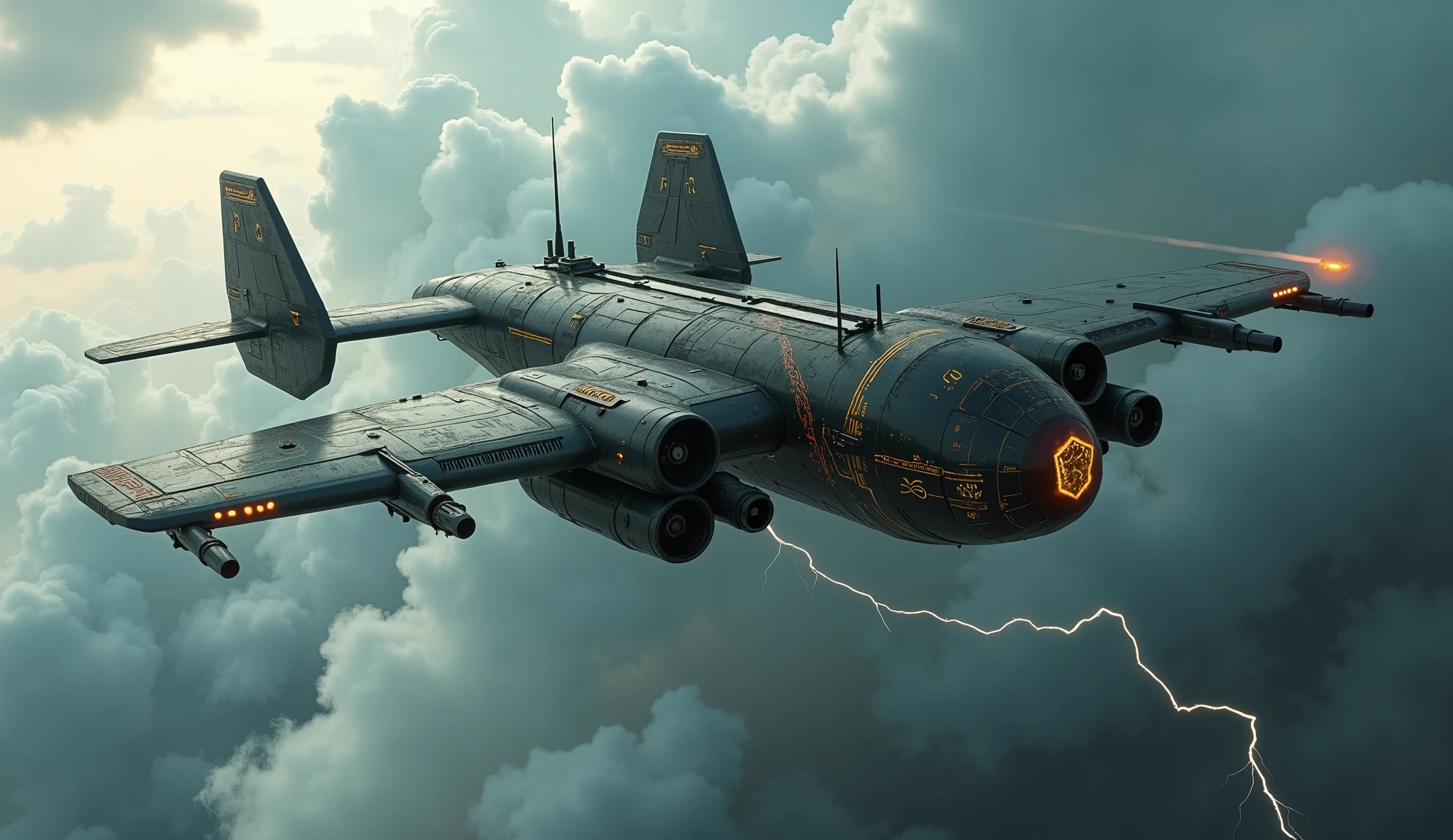 Wide view, high angle looking down shot, futuristic, Sci-fi cinematic scene. Dramatic storming sky background. Double body Giant heavy plane flying through, eadily as the aircraft glides effortlessly through the endless expanse. Twin propeller wingspan the front, The twin body, forged from dark gunmetal alloy. with wings and engines, with guns. wandering through sky, Golden runes and cybernectic line decorate, Grimmdark, mechanical. (Ultra-realistic, 32k, Masterpiece, High Quality, Detailed Realistic Background, Official Art, Realistic Lighting, filmfotos, film grain, reversal film photography).