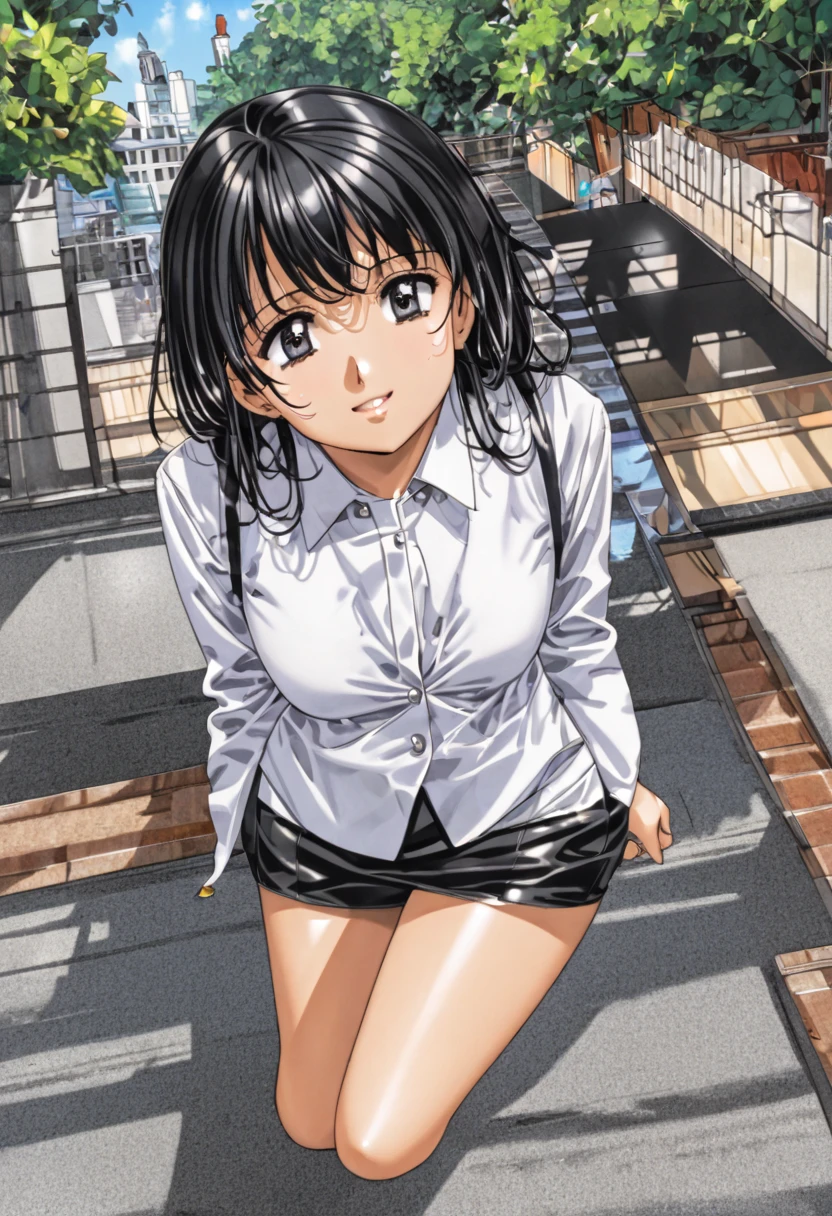 　 black hair　Big Breasts　 cute　18 years old　　　sweat、 walking down the pedestrian crossing 、profile、Walk the Abbey Road 、 walking from the side、A little smile、Stand up straight、Women's Business Suits 、 Mini Skirt、The line of sight is in the direction of walking、Open-chested clothes