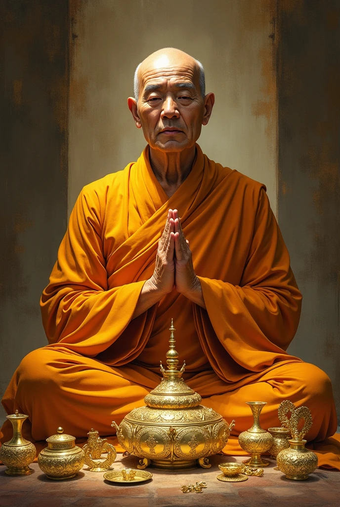 ("Create an image of an elderly Buddhist monk dressed in traditional orange robes, sitting peacefully in a serene, ancient temple. His face is marked by deep wrinkles and a gentle, wise expression, reflecting years of meditation and spiritual practice. The temple is adorned with aged wooden pillars, golden Buddha statues, and flickering candles. The monk’s posture is calm and composed, with his hands resting in his lap as he meditates. Soft sunlight filters through the temple windows, casting a warm, golden glow on his robes and illuminating the tranquil atmosphere."