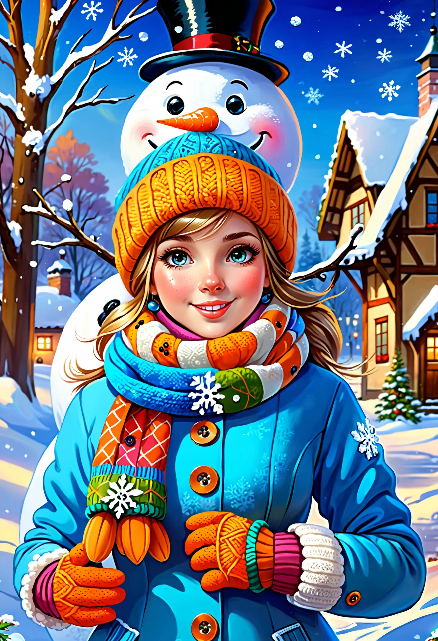 fairytale scene, beautiful, Зимний masterpiece,  girl ,  Warm Clothes, gloves, hat, scarf , near the snowman, лепит Снеговика  girl , Carrot Nose , buttons,  Snowman from Snow , magic, vivid picture,  cartoon , Стиль  cartoon а, Wonderful,  better quality,  maximum quality,  complex details , 8 k, (masterpiece :1.2),