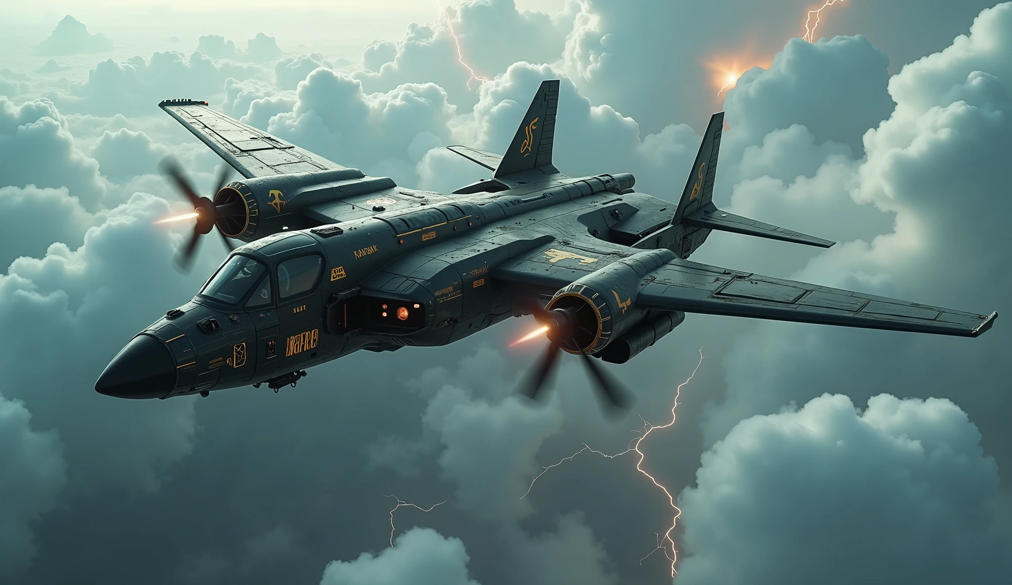 Wide view, high angle looking down shot, futuristic, Sci-fi cinematic scene. Dramatic storming sky background. Double body Giant heavy plane flying through, eadily as the aircraft glides effortlessly through the endless expanse. Twin propeller wingspan the front, The twin body, forged from dark gunmetal alloy.  with wings and engines, with guns. wandering through sky, Golden runes and cybernectic line decorate, Grimmdark, mechanical. (Ultra-realistic, 32k, Masterpiece, High Quality, Detailed Realistic Background, Official Art, Realistic Lighting, filmfotos, film grain, reversal film photography).