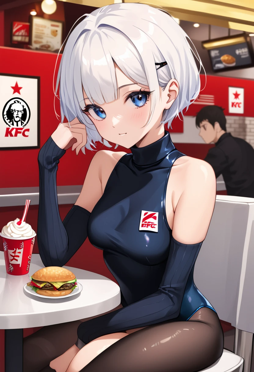 one cute girl sitting in the kfc restourant, white short hair with blue srif, 20 years old, cool face, using leotard black turtle neck outfit