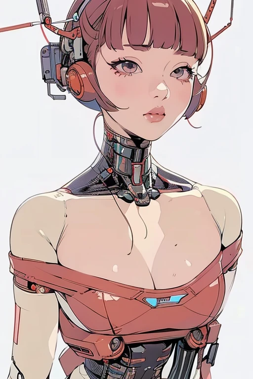 masterpiece, best quality, extremely detailed,portrait,front view,Japaese android girl,Plump, control panels,android,Droid,Mechanical Hand, Robot arms and legs,Blunt bangs,long tube,thick cable connected her neck