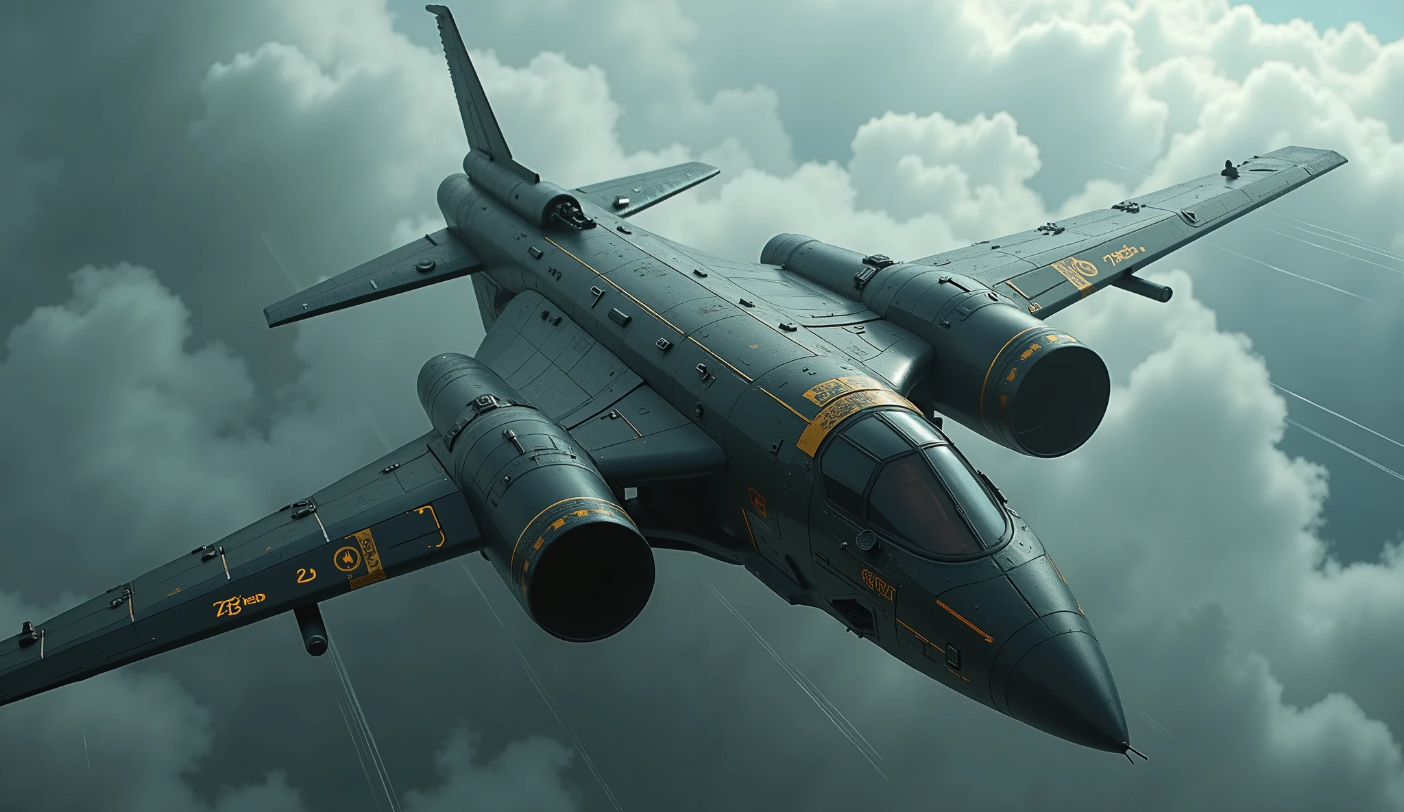 Wide view, high angle looking down shot, futuristic, Sci-fi cinematic scene. Dramatic storming sky background. Double body Giant heavy plane flying through, The twin fuselage, forged from dark gunmetal alloy. with wings and engines, with guns. wandering through sky, Golden runes and cybernectic line decorate, Grimmdark, mechanical. (Ultra-realistic, 32k, Masterpiece, High Quality, Detailed Realistic Background, Official Art, Realistic Lighting, filmfotos, film grain, reversal film photography).