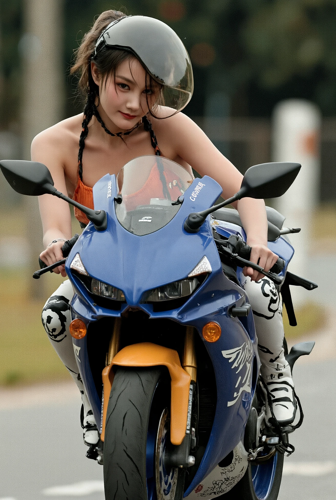 ONE GIRL RIDING A YAMAHA YZF R1M, glossy brown skin, small breasts, full body, very detailed face, Lip details, beautiful eyes, double eyelid, 4K, masterpiece., ACTION PAINTING, best quality, MotoGP cornering 