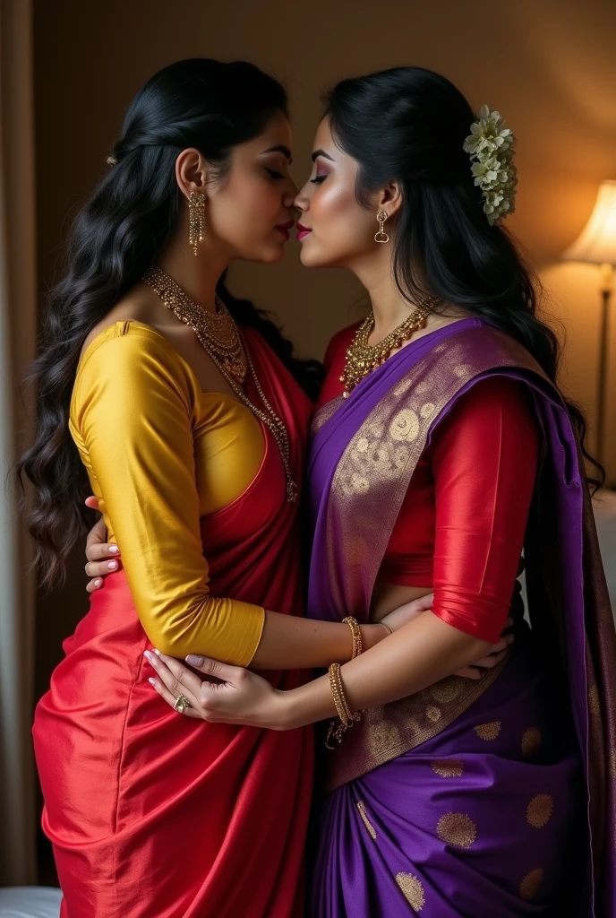 Amazing portrait of a sexy woman who is a MILF and a neighbour with her black hair in a bun wearing a saree kissing and making out passionately with her male neighbour on her bed in an intimate setting