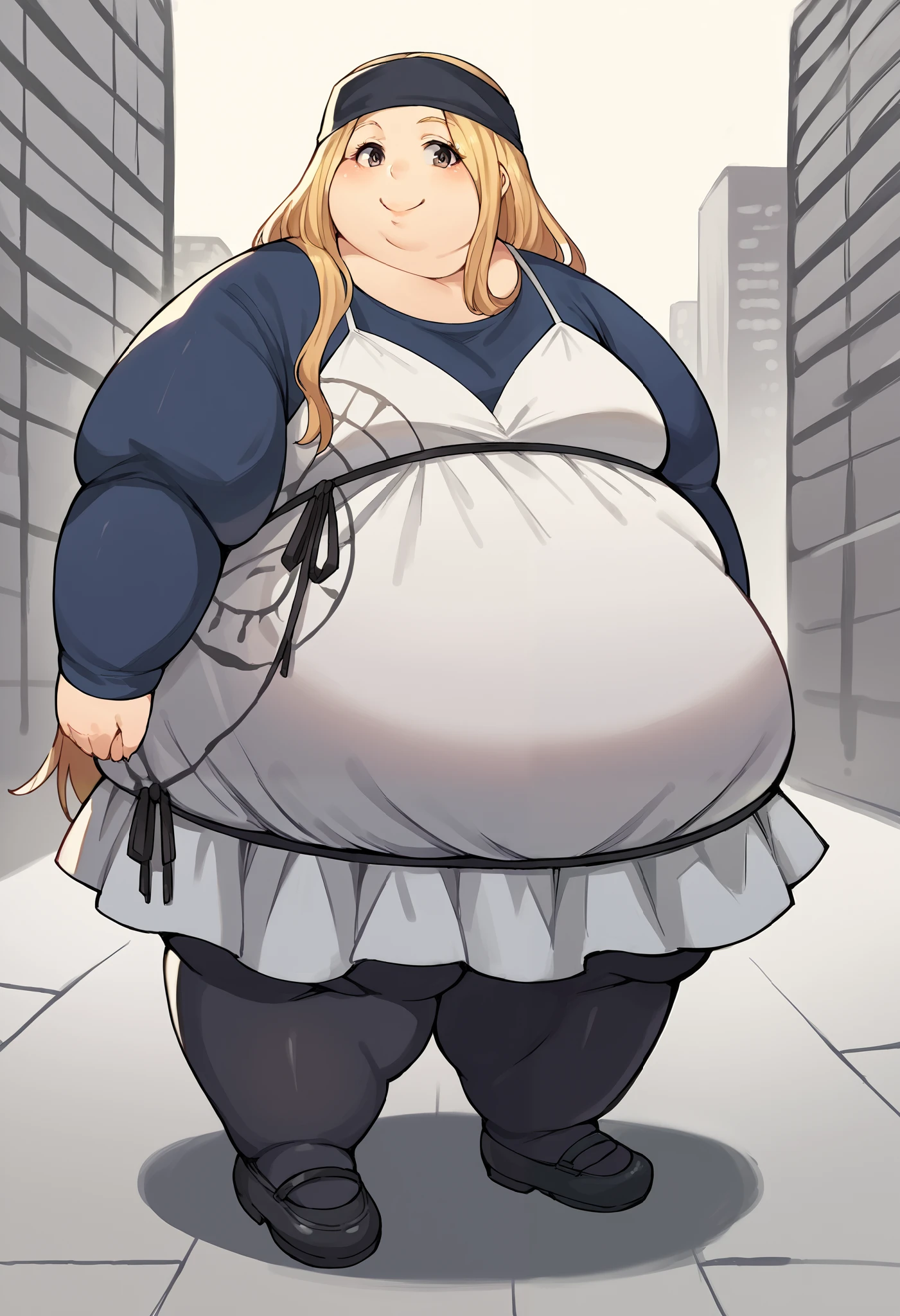 score_9, score_8_up, score_7_up, source_anime BREAK 1girl, solo,   chihayap5, very long hair, blonde hair, headband, shirt, dress, black pantyhose, looking at viewer, smile, standing, city, shinjuku, fat, chubby, obese, full body shot 