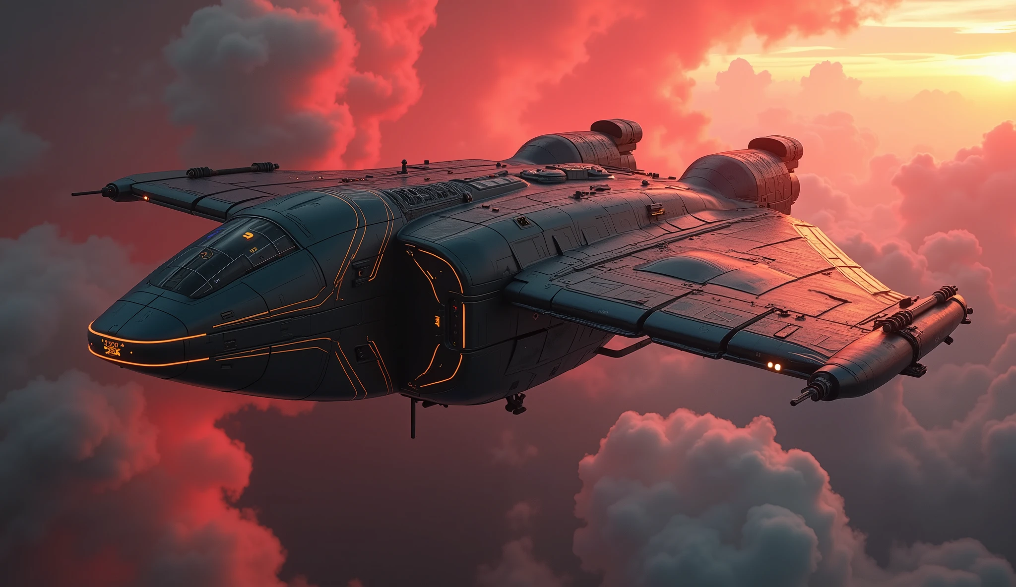 Wide view, high angle looking down shot, futuristic, Sci-fi cinematic scene. Dramatic storming sky background. Double body Giant heavy plane flying through, The twin fuselage, forged from dark gunmetal alloy, reflects subtle gradients of the red horizon, while glowing LED lights illuminate the cockpit’s sleek, angular design. with wings and engines, with guns. wandering through sky, Golden runes and cybernectic line decorate, Grimmdark, mechanical. (Ultra-realistic, 32k, Masterpiece, High Quality, Detailed Realistic Background, Official Art, Realistic Lighting, filmfotos, film grain, reversal film photography).