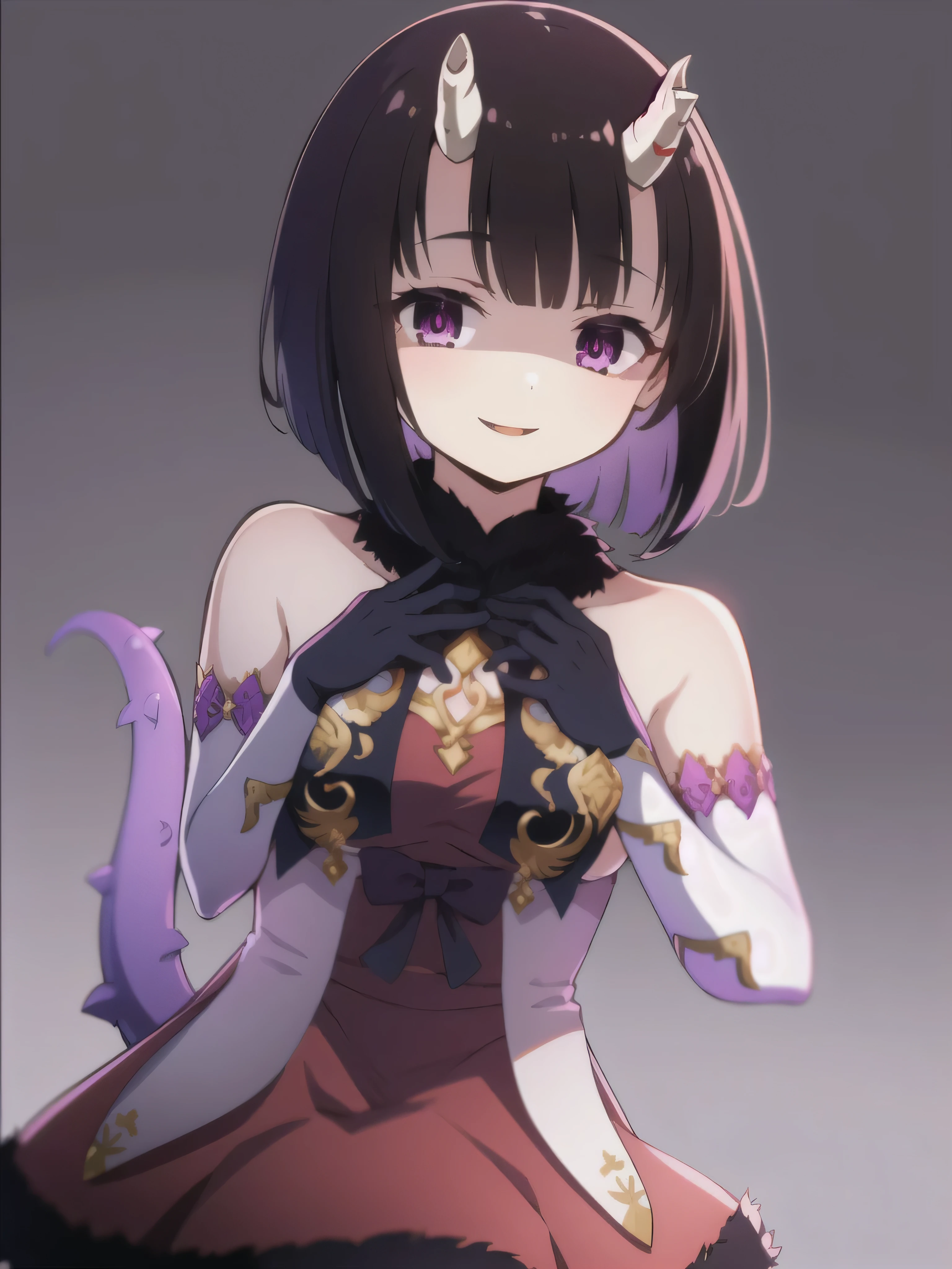 masterpiece,  best quality,  one girl , Heather,  purple eyes,  brown hair on the abdomen,  Short bangs ,  bob cut from the front, Horn, ,,  bare shoulders,  armrest gloves,  gauntlet ,  red skirt,  Fur Trim,  watch viewers ,,2本のHorn,Tail,wicked smile,evil dark background ,