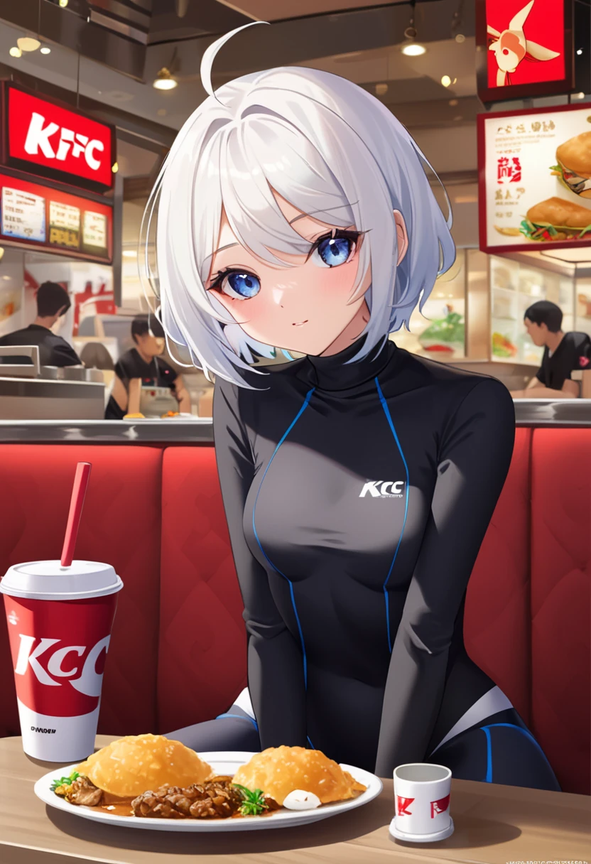 one cute girl sitting in the kfc restourant, furina, furina genshin impact model, furina for model hair, white short hair with blue srif, 20 years old, cool face, using leotard black turtle neck outfit