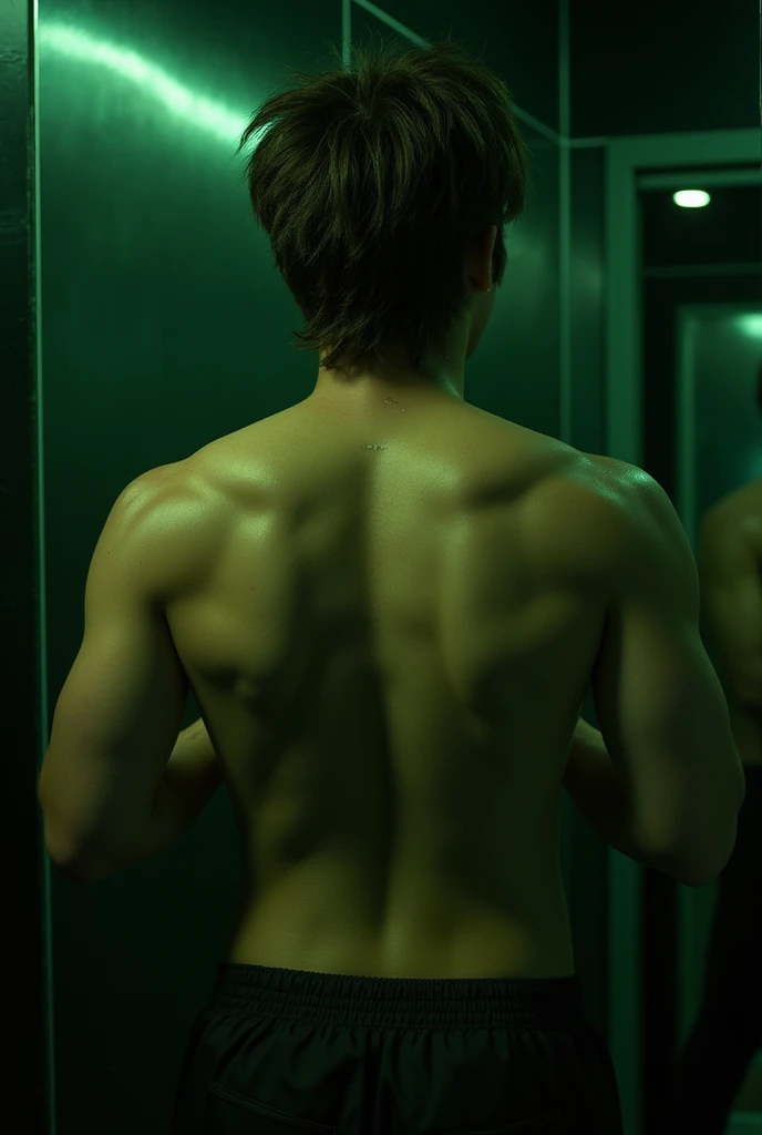 18 year old boy, turkish, semi tanned pale skin,messy hair, taking a mirror pic, showing back,back angle pic,buffed back,gym back,phone camera mirror pic,iphone 13,phone in hand,dark ambience pic,dark green tritone ambience,hyper realistic,real world lighting,realistic skin texture,realistic skin lighting
