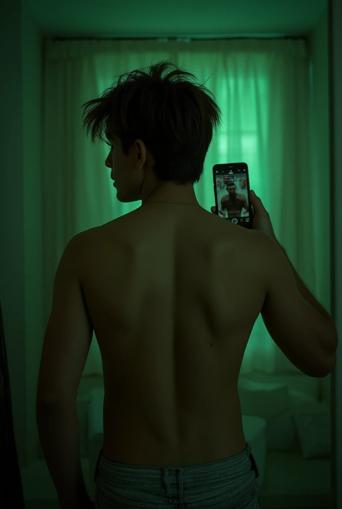 18 year old boy, turkish, semi tanned pale skin,messy hair, taking a mirror pic, showing back,back angle pic,buffed back,gym back,phone camera mirror pic,iphone 13,phone in hand,dark ambience pic,dark green tritone ambience,hyper realistic,real world lighting,realistic skin texture,realistic skin lighting
