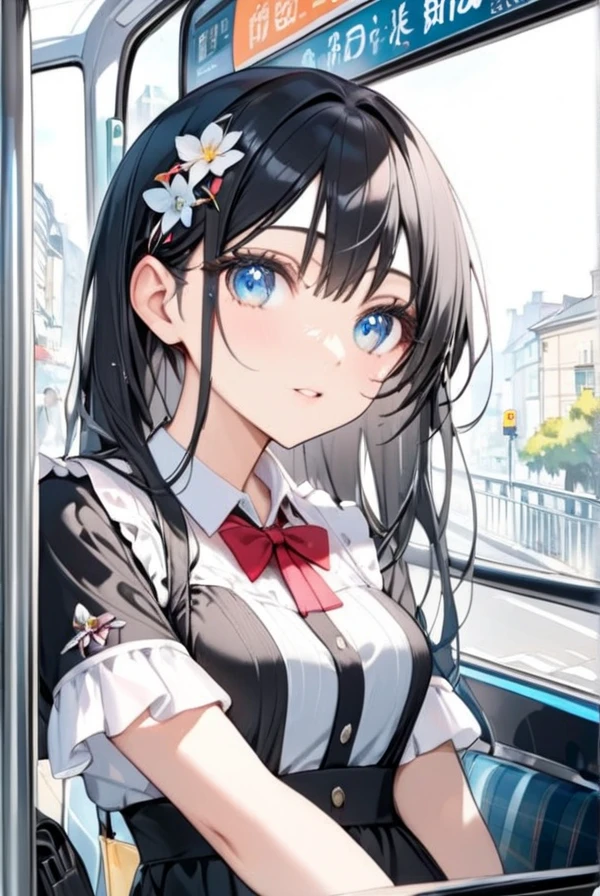 Black hair, beautiful eyes, clear eyes, bus guide, 