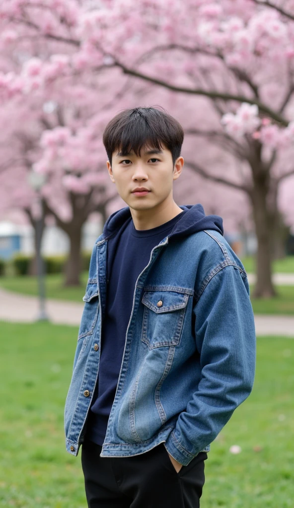 Handsome korean boy in denim hoodie looking at camera in a park with cherry blossom Wide-Angle,  High Resolution, Accurate, Anatomically Correct, Best Quality, High Details, High Quality, HD, Super Detailed, 