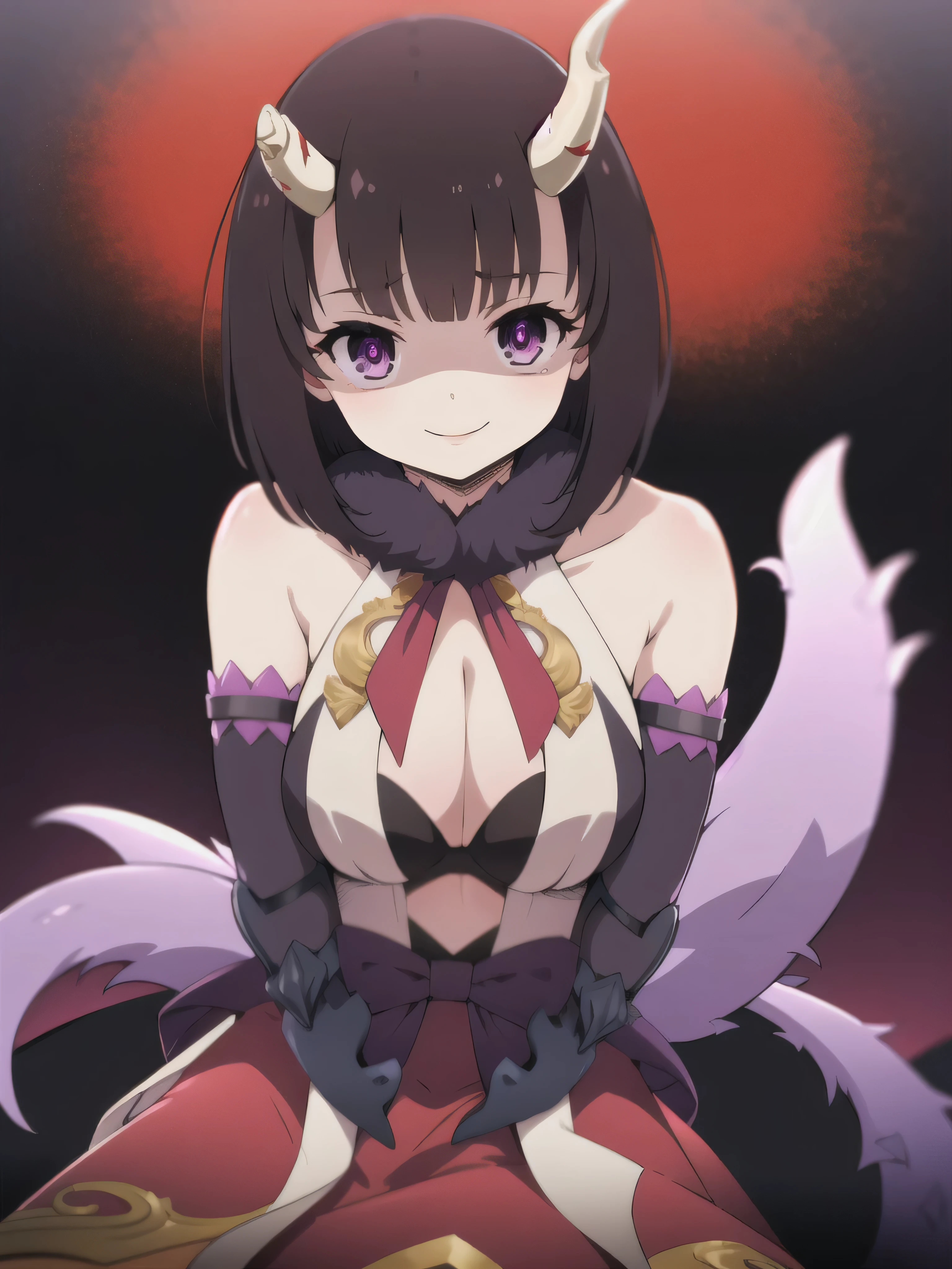 masterpiece,  best quality,  one girl , Heather,  purple eyes,  brown hair on the abdomen,  Short bangs ,  bob cut from the front, Horn, ,,  bare shoulders,  armrest gloves,  gauntlet ,  red skirt,  Fur Trim,  watch viewers ,,2本のHorn,Tail,wicked smile,evil dark background ,