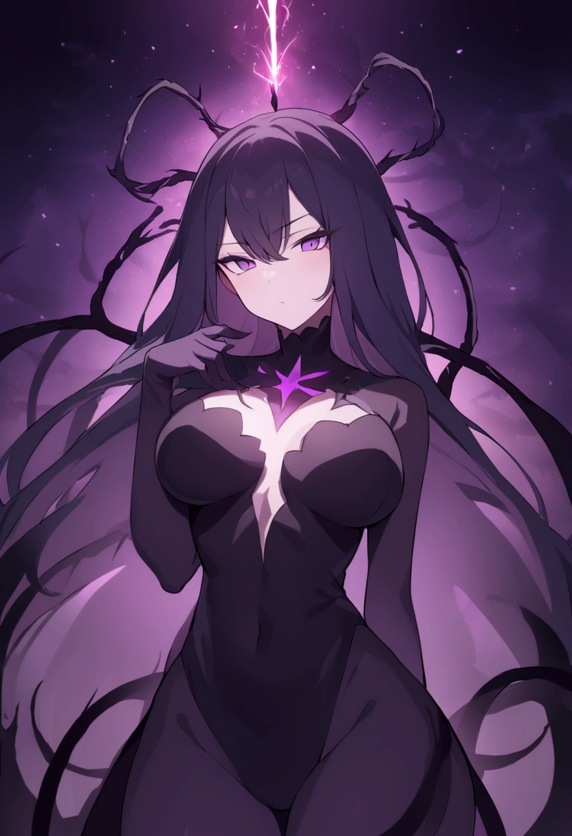 A girl with long straight dark hair, eyes with dark pupils, She has defined muscles and thighs, but that's normal for a beautiful woman., she wears dark pants and does not wear a shirt showing her medium breasts, and a dense dark energy over your body, which only covers your arms leaving them completely dark, her aura is completely dark and only covers her arms, leaving her bare breasts exposed, She has two dark arms because of the dark energy that surrounds her body, totally dark aura in the form of a dense cloud