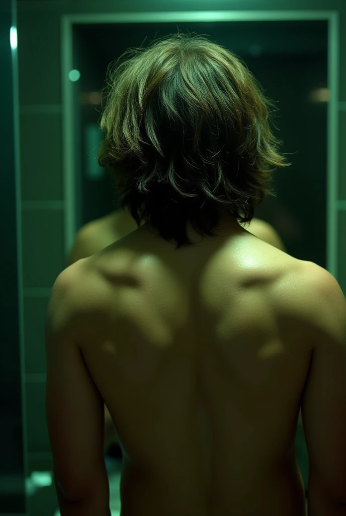 18 year old boy, turkish, semi tanned pale skin,messy hair, long hair,brunnete, taking a mirror pic, showing back,back angle pic,buffed back,gym back,phone camera mirror pic,iphone 13,phone in hand,dark ambience pic,dark green tritone ambience,hyper realistic,real world lighting,realistic skin texture,realistic skin lighting
