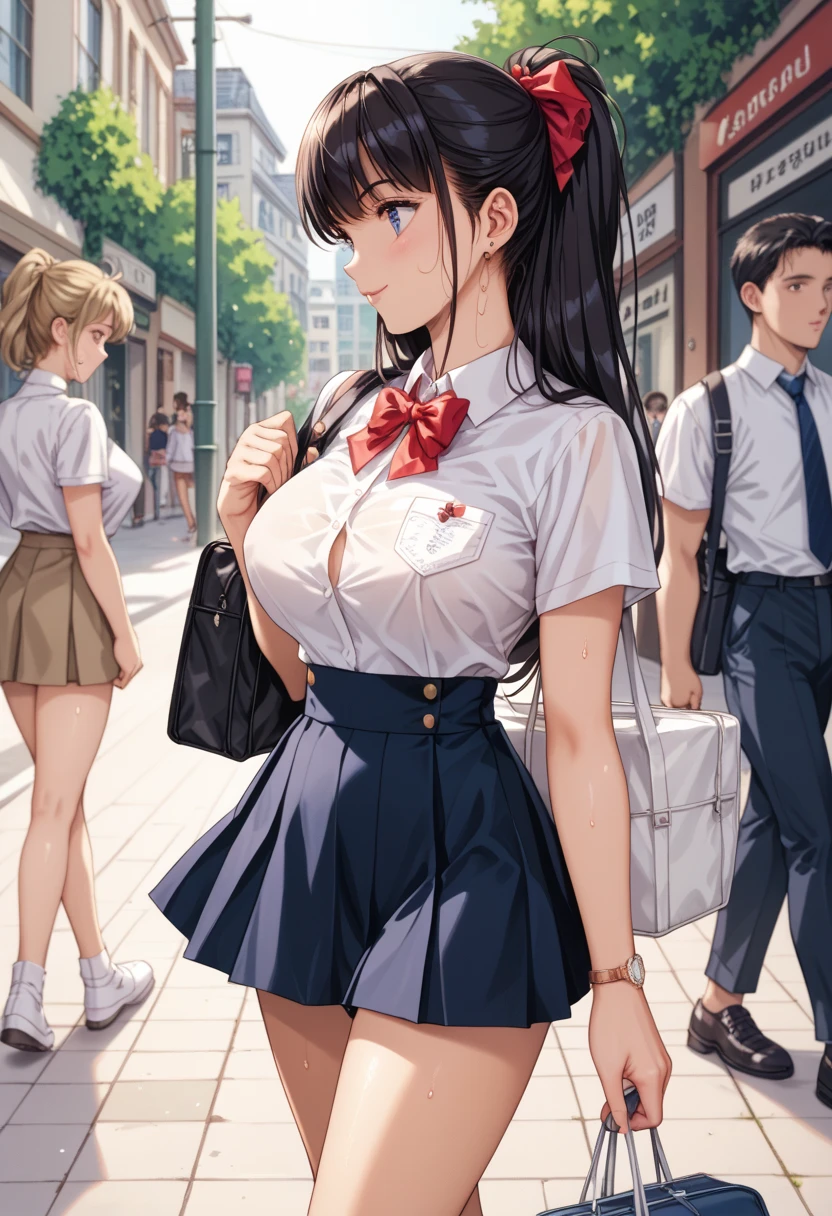 　 black hair　Big Breasts　 cute　18 years old　　　sweat、 walking down the pedestrian crossing 、profile、Walk the Abbey Road 、 walking from the side、A little smile、Stand up straight、Women's Business Suits 、 Mini Skirt、The line of sight is in the direction of walking、Open-chested clothes