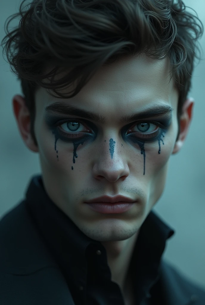 Generates an image of a white man, yellow eyes around blue color, long black eyelashes, splattered nose, black hair, thin and very masculine lips