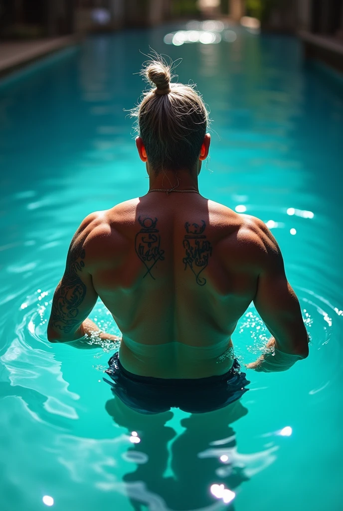 crie uma imagem ultra realista, de Henry cavil, with white hair, from cueca, striking a sensual pose, licking the hairy armpit, and with the mega thick cock marking the wet underwear, in a dark setting in the hot tub