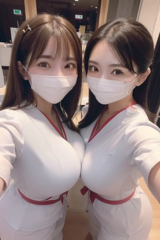 only two women,horizontal row,Side by side,front facing,looking at viewer,(Selfie:1.6),((mask))
((highest quality, 8k, masterpiece, Portraiture: 1.3)),japanese,A little chubby:0.35,tight-fitting nurse uniform of white,((big breasts 1.8)), (big pelvis:1.2), (in denist) smile:0.2,Good posture,

