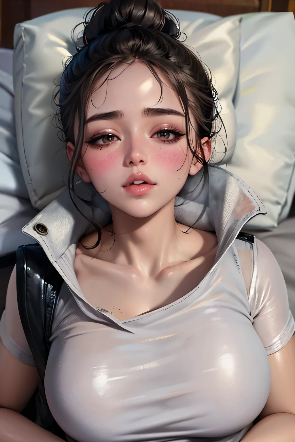 Sexy woman, hair tied in a bun, smokey eyes, eyeliner, blushing intensely, fairest skin, plump face, soft lips, blouse, lying down on bed