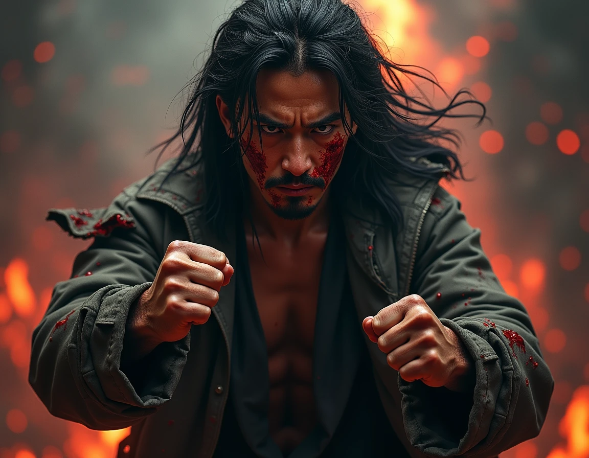 A young Korean hero with long hair is wearing a shirt stained with Palestinian blood. There is blood all around him. 