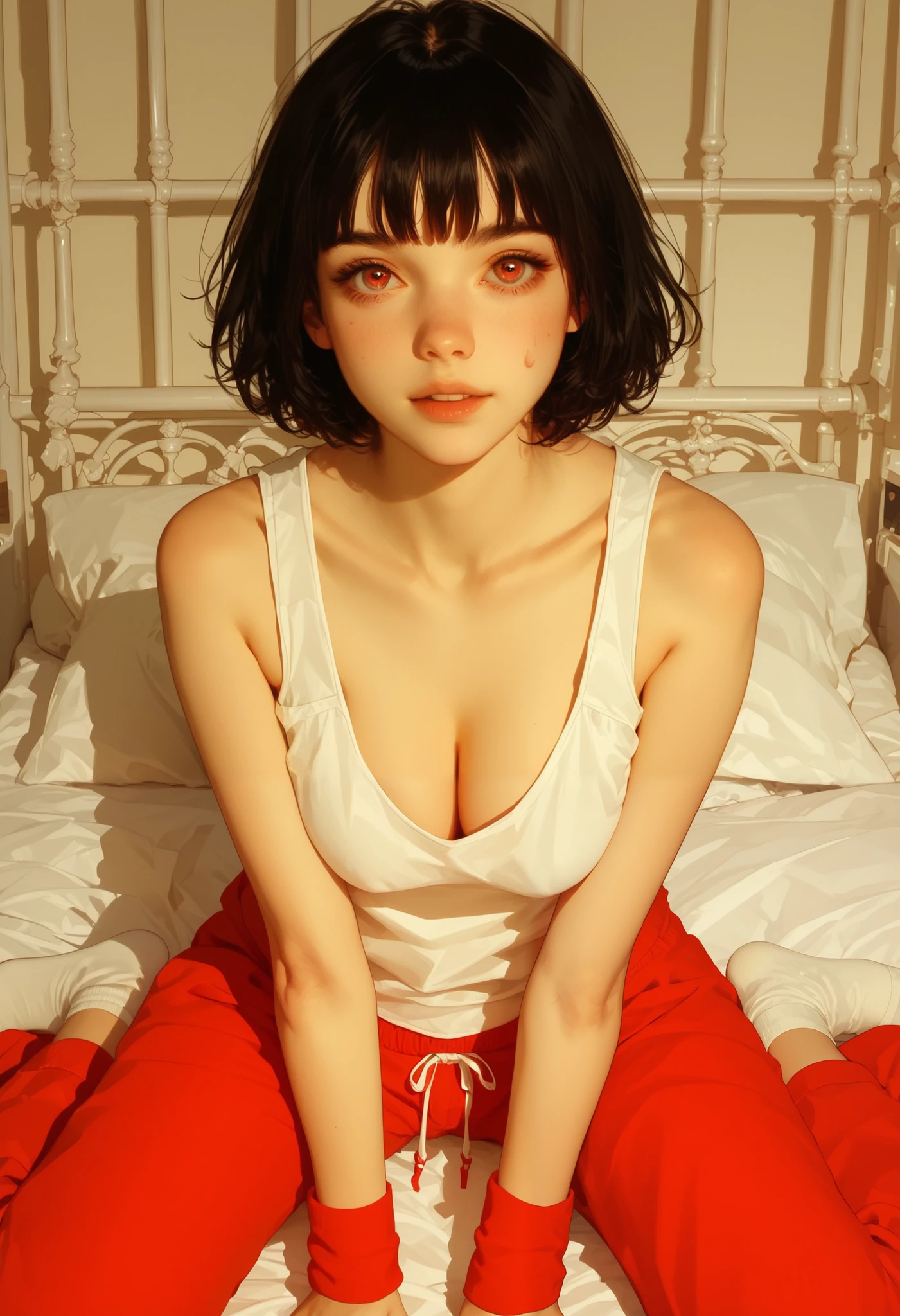 safe_pos, masterpiece, score_9, score_8_up, score_7_up, EasyNegative_v2, 1girl, solo, black hair, fringe hair, short hair, on bed, (loose white tank top), cleavage, blouse down, nipslip, (red sweatpants), white socks, looking at viewer, bedroom, cluttered interior, night, backlit, low light