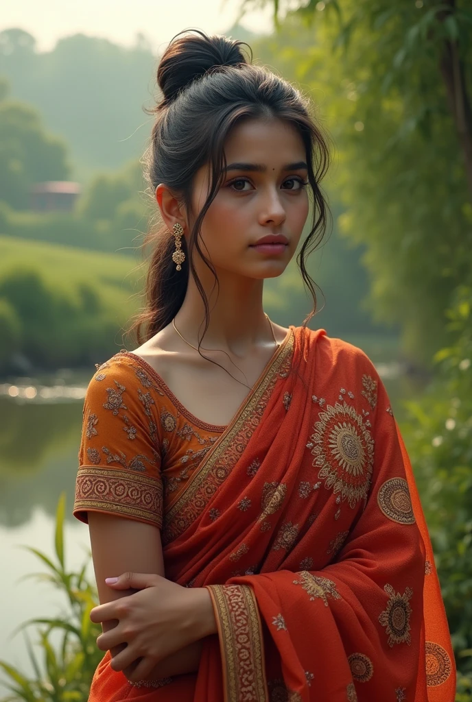 Indian girl with black eyes, pony tail, red saree, gardan area, sitting on bench, bindi on forehead
