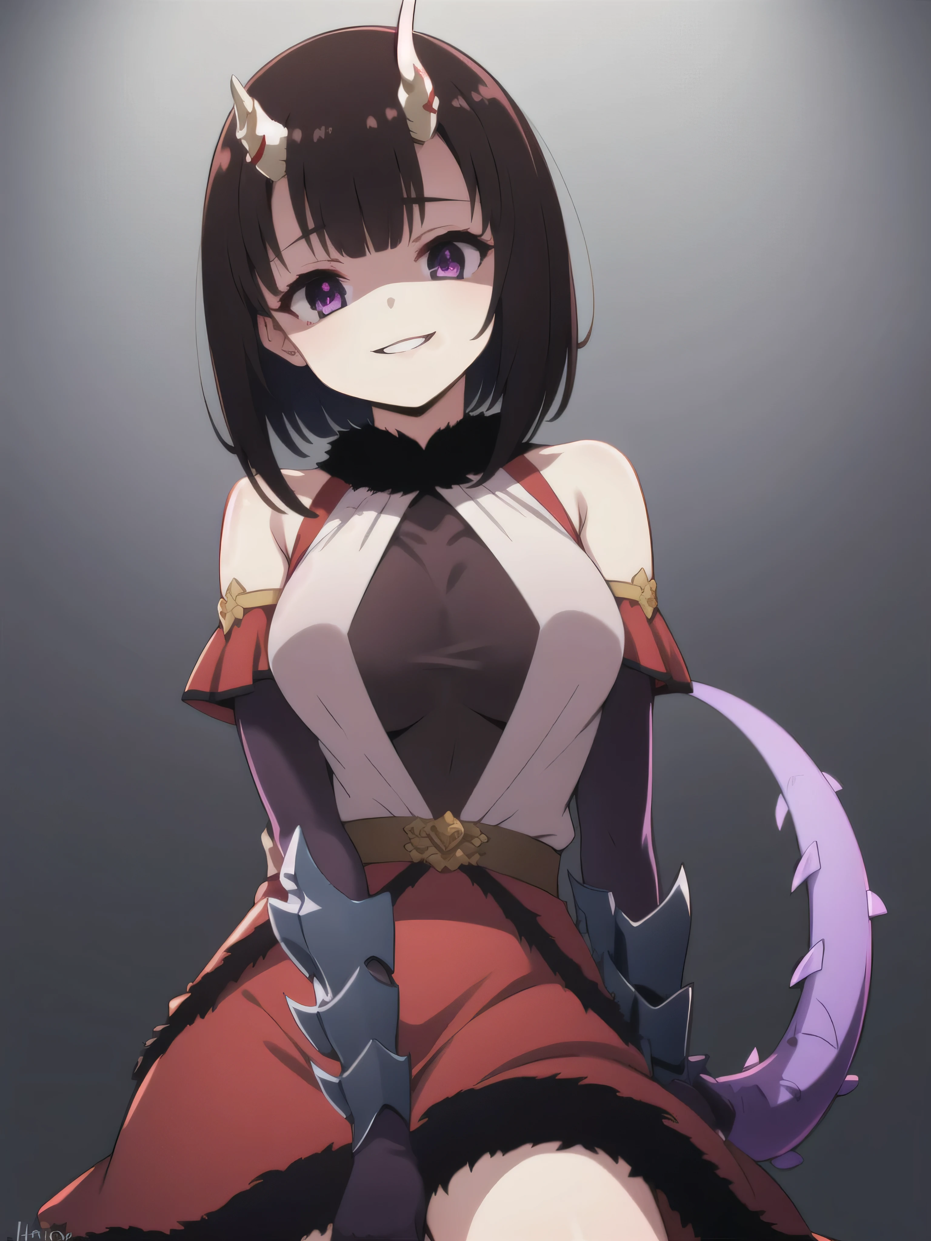 masterpiece,  best quality,  one girl , Heather,  purple eyes,  brown hair on the abdomen,  Short bangs ,  bob cut from the front, Horn, ,,  bare shoulders,  armrest gloves,  gauntlet ,  red skirt,  Fur Trim,  watch viewers ,,2本のHorn,Tail,wicked smile,evil dark background ,fac