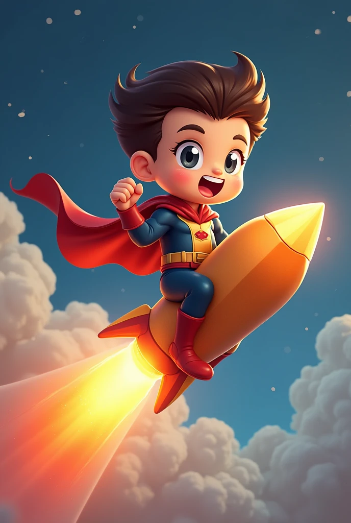 A chibi character hero riding on the tail fin of a shooting star and pumping his fist in excitement, a smiling shooting star, a hero with a smug face, fantasy illustration pop art, bold and dynamic, contrasts of light and shadow, 2.5D, artistic images art, ultra detailed, absolutely resolution, masterpiece