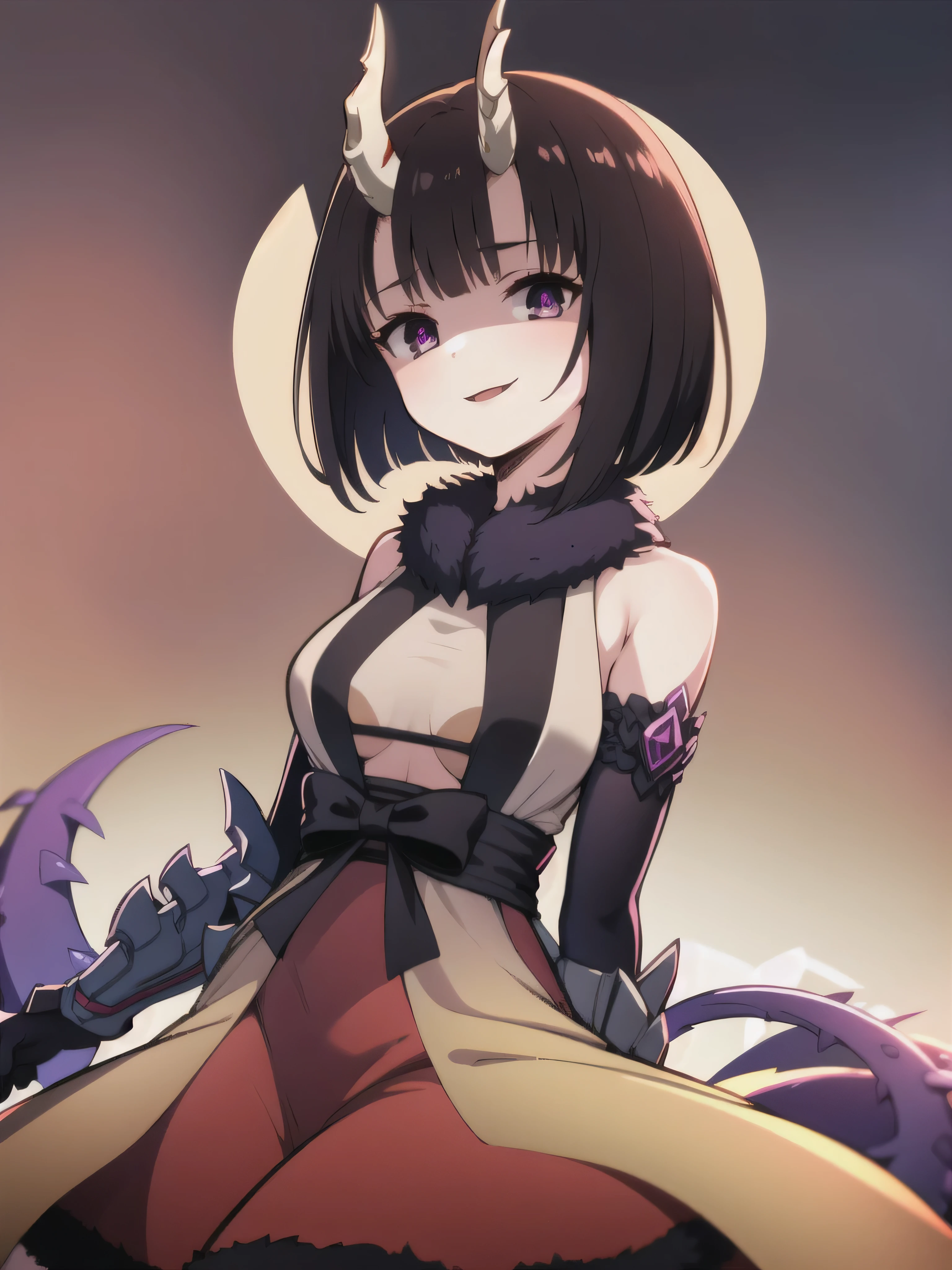 masterpiece,  best quality,  one girl , Heather,  purple eyes,  brown hair on the abdomen,  Short bangs ,  bob cut from the front, Horn, ,,  bare shoulders,  armrest gloves,  gauntlet ,  red skirt,  Fur Trim,  watch viewers ,,2本のHorn,Tail,wicked smile,evil dark background ,fac