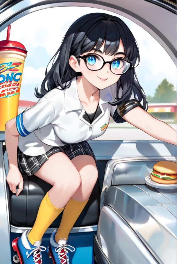 Black hair, beautiful eyes, clear eyes, black eyes, glasses, Sonic Drive-in, car hop, roller skating