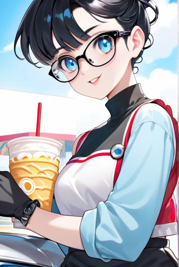 Black hair, beautiful eyes, clear eyes, black eyes, glasses, Sonic Drive-in, car hop, roller skating