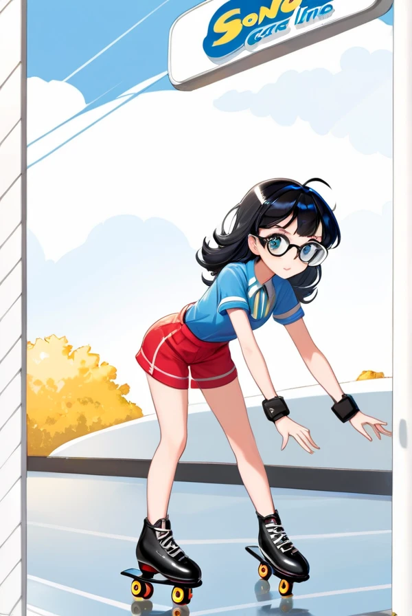 Black hair, beautiful eyes, clear eyes, black eyes, glasses, Sonic Drive-in, car hop, roller skating