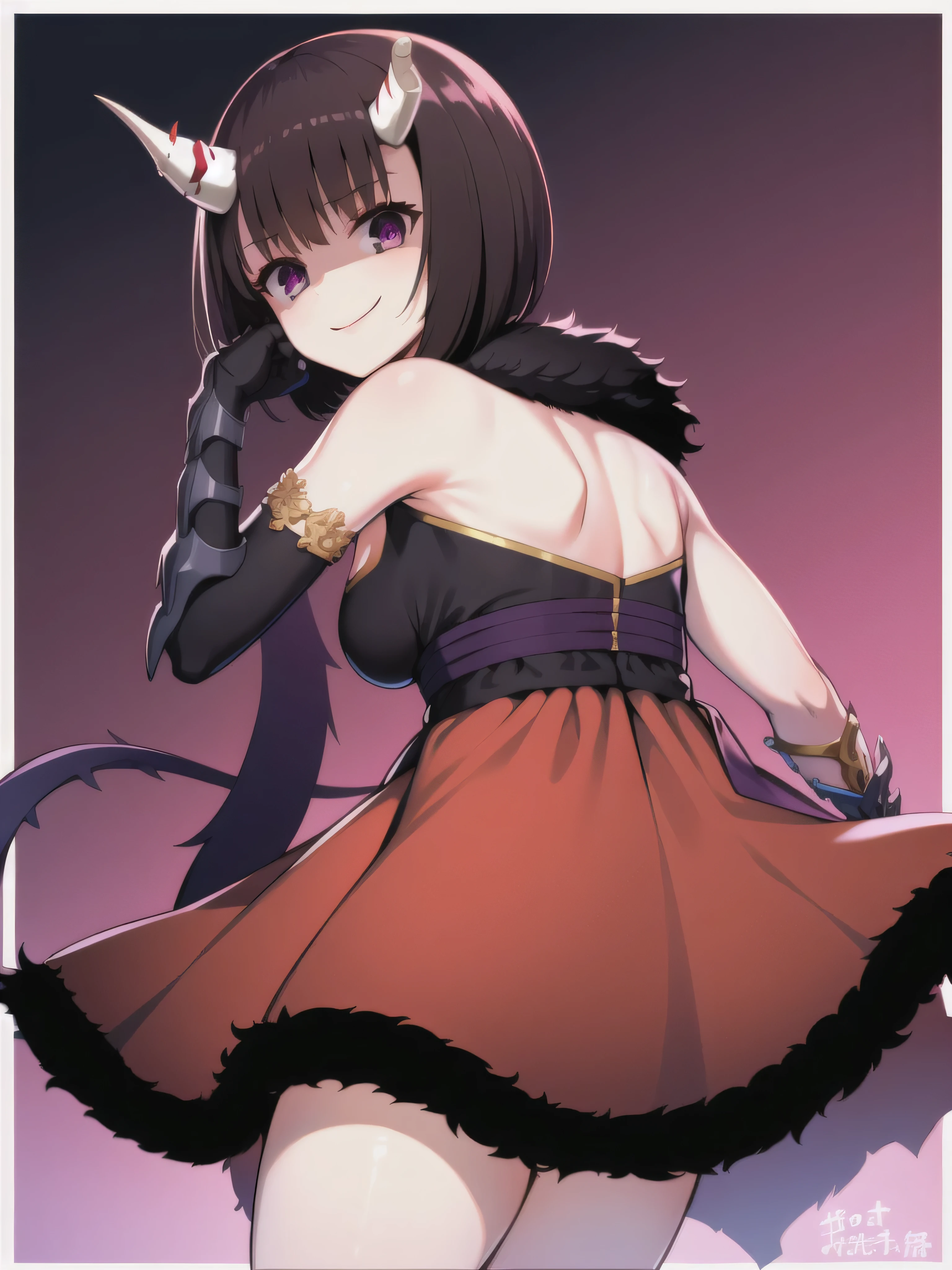 masterpiece,  best quality,  one girl , Heather,  purple eyes,  brown hair on the abdomen,  Short bangs ,  bob cut from the front, Horn, ,,  bare shoulders,  armrest gloves,  gauntlet ,  red skirt,  Fur Trim,  watch viewers ,,2本のHorn,Tail,wicked smile,evil dark background ,fac