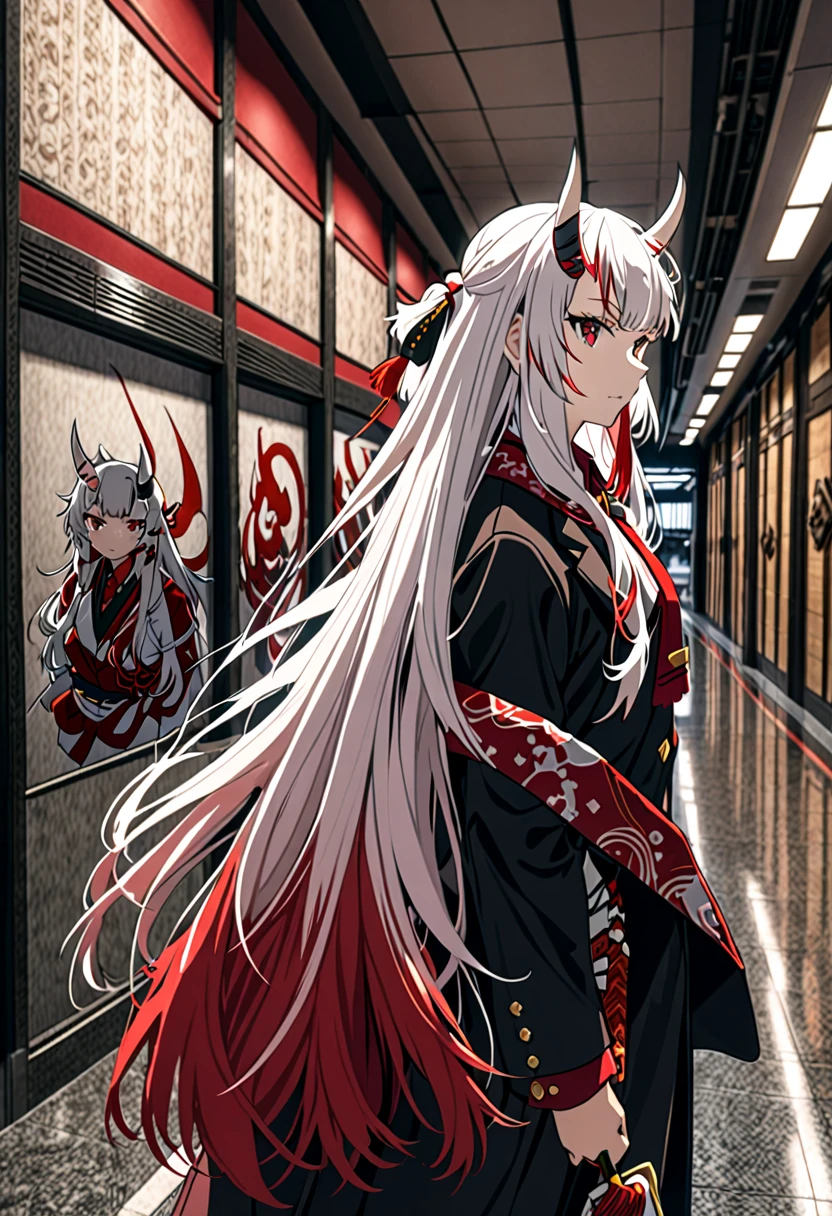 8K Ultra High-Quality, ultra-detailed, High quality, Nakiri ayame, white oni horns, long hair, suit with red trimings and neck tie, hallway, side view