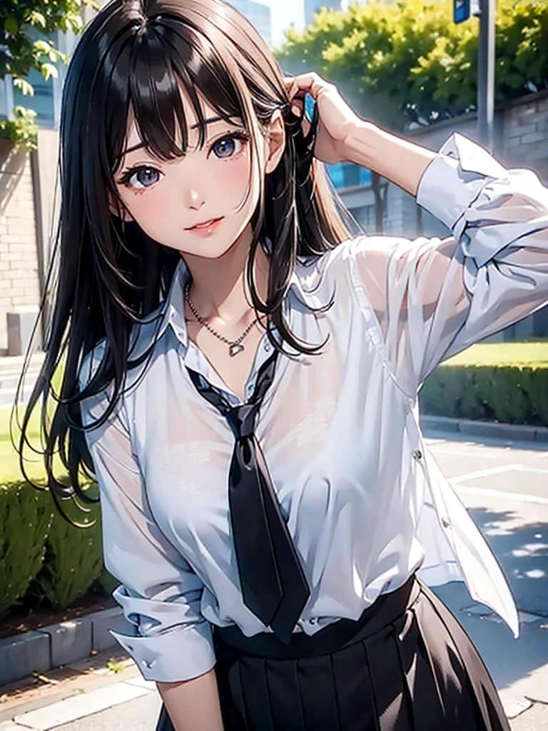 Photorealistic,(8k,masterpiece, best quality: 1.1), (ultra highres, ultra-detailed: 1.2) ,japanese school girl,Girl seduces her teacher,(tween,cute,detailed face,(navy hair-color,wavy-short hair),parallel eyebrows,navy eyes with large irises,blunt bangs,small nose, fresh lips,small breasts),(80denier black pantyhose),school white blouse,Dark blue pleated skirt,smile,(fullbody), beautiful lighting, volumetric lighting, dynamic angle,