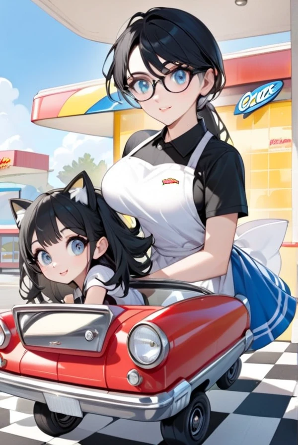 Black hair, beautiful eyes, clear eyes, black eyes, glasses, Sonic Drive-in, car hop, roller skating