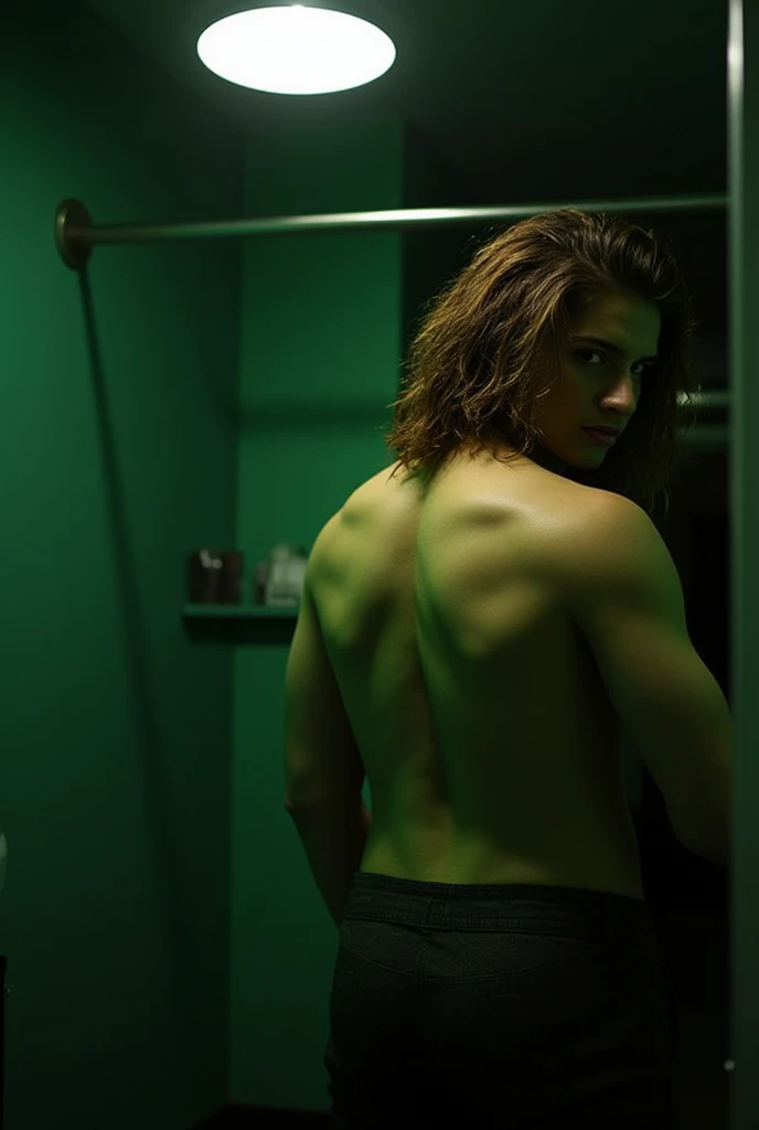 18 year old boy, turkish, semi tanned pale skin,messy hair, long hair,brunnete, taking a mirror pic, showing back,back angle pic,buffed back,gym back,phone camera mirror pic,iphone 13,phone in hand,dark ambience pic,dark green tritone ambience,hyper realistic,real world lighting,realistic skin texture,realistic skin lighting