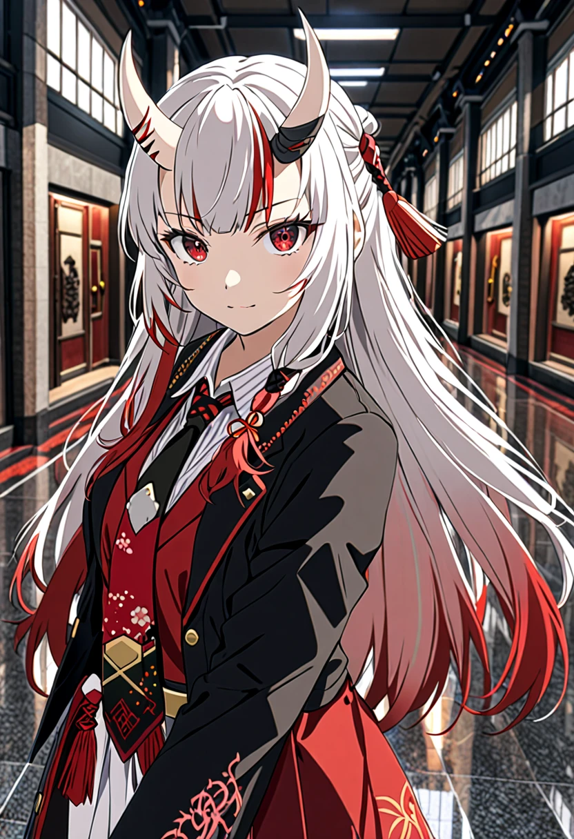 8K Ultra High-Quality, ultra-detailed, High quality, Nakiri ayame, white oni horns, long hair, suit with red trimings and neck tie, hallway background